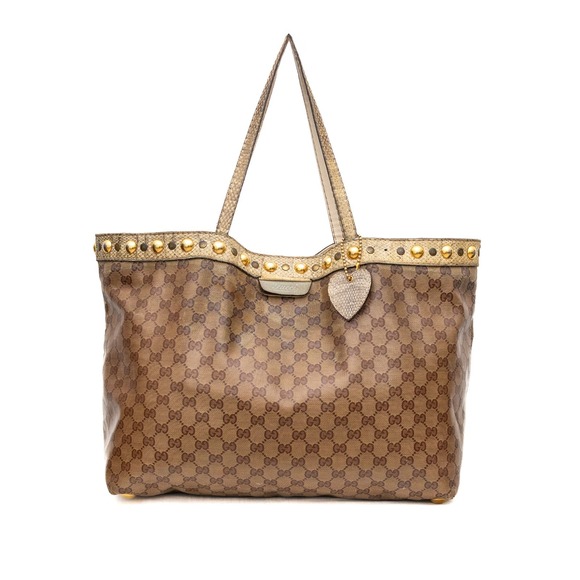Authentic Gucci Brown Babouska‎ GG Monogram Crystal Diamante Tote Shoulder Bag